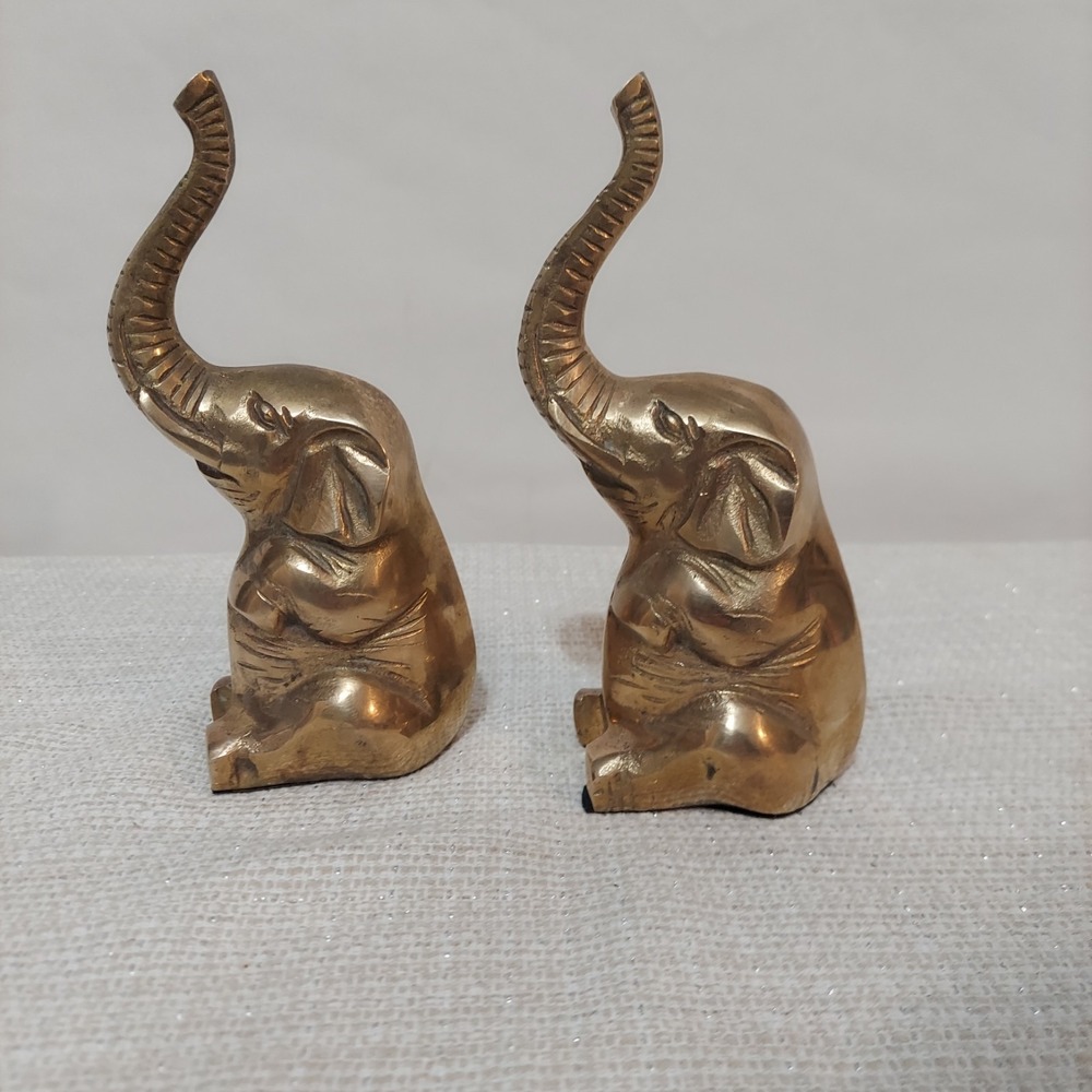 Vintage Set Of Olee Brass Elephant Figurine‎ Sitting Down with Trunk Up 6.5"